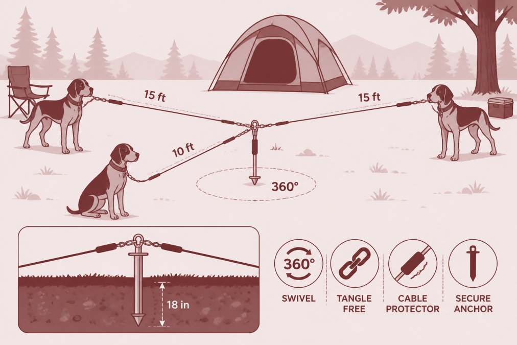 Outdoor camping scene showing a properly installed tie-out stake driven into the ground with cable system attached, demonstrating correct anchoring and spacing for multiple dogs in a yard or campsite setting