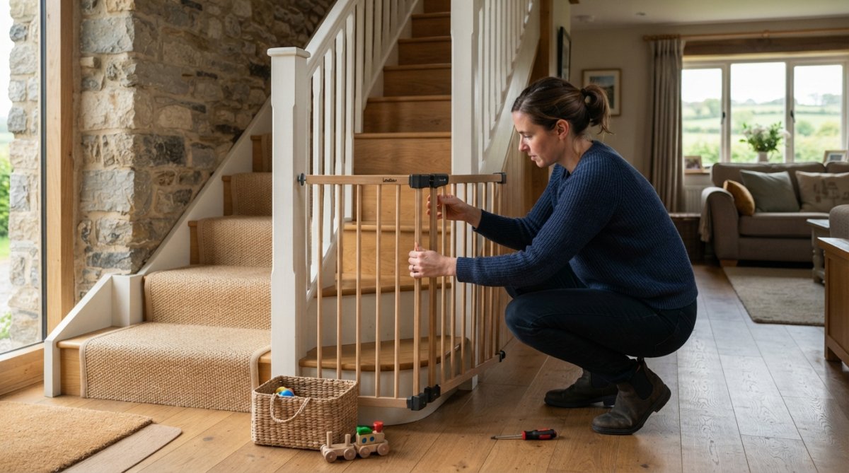 Parent and toddler in a bright, safely-set-up holiday cottage living room with visible safety gates, outlet covers, and soft furnishings arranged carefully for child safety