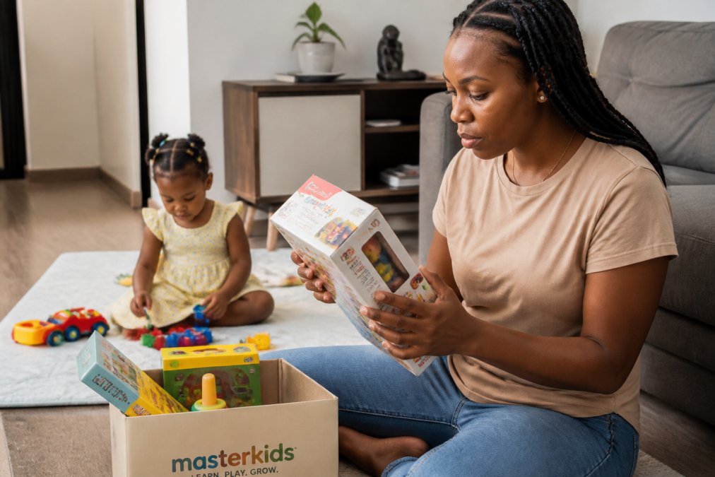 A parent in a bright Lagos living room examining the packaging and safety label of a colourful toy while a young child plays on a mat nearby