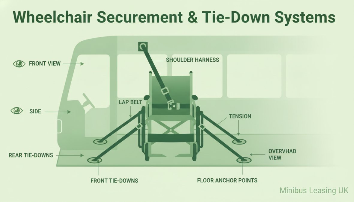 Close-up of wheelchair secured in minibus using four-point tie-down system with metal anchor points and safety straps visible on vehicle floor
