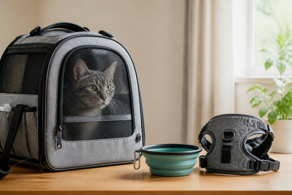 A gray tabby cat peeking out from a breathable mesh travel backpack carrier sitting on a clean wooden table, with a collapsible bowl and a padded harness placed beside it, soft natural window light