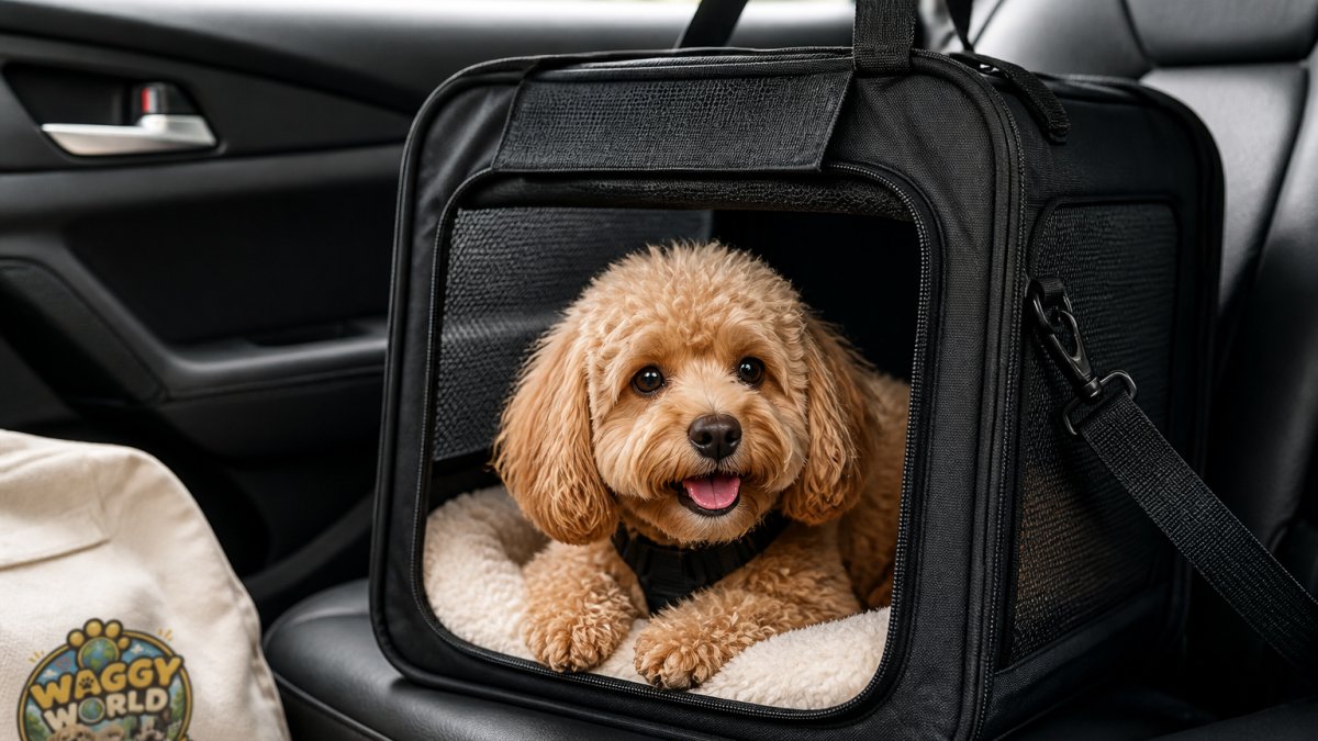 Small dog resting comfortably inside a ventilated mesh car carrier during a road trip