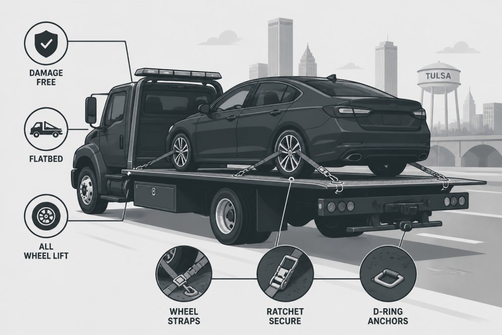 Flatbed tow truck with a sedan properly secured and loaded, showing professional loading straps and towing equipment in daylight on a Tulsa street