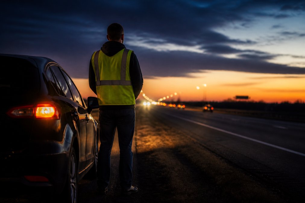 Driver standing safely behind vehicle on highway shoulder at dusk with hazard lights visible, wearing a reflective vest while waiting for roadside assistance