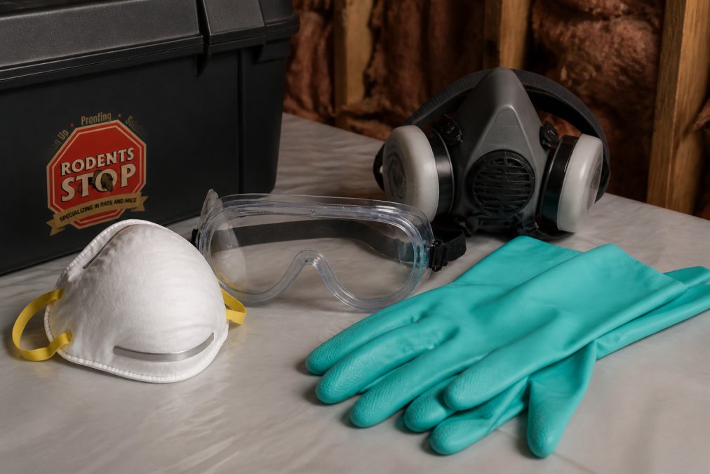 Close-up of properly laid out protective equipment including N95 mask, rubber gloves, safety goggles, and HEPA respirator on a clean work surface