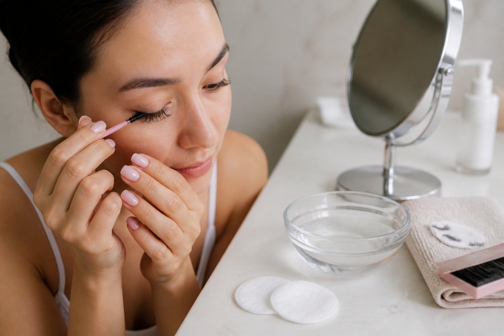 A woman gently using a spoolie brush to remove lash clusters from her natural lashes over a warm water bowl.