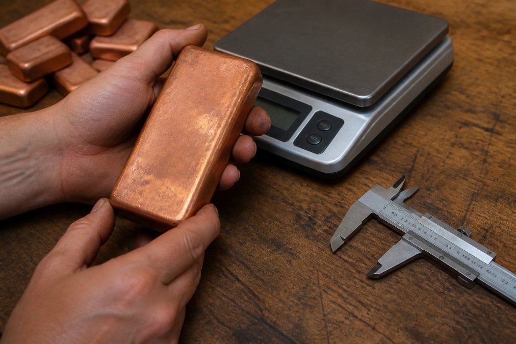 Hands holding a copper bar with a digital scale and caliper on a workbench to help you buy copper bars safely.
