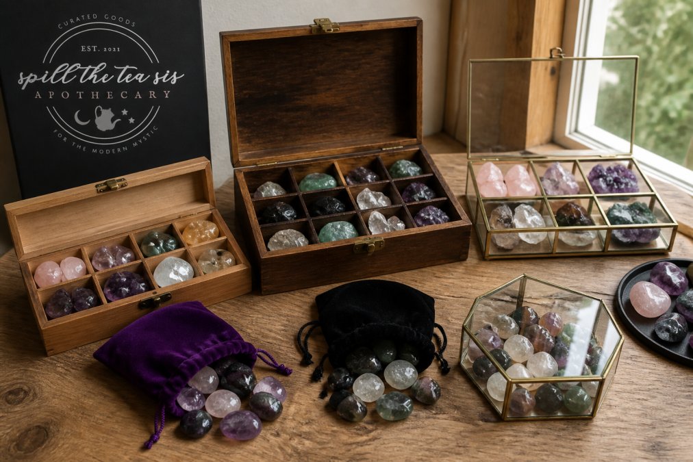 A collection of wooden boxes, velvet-lined pouches, and glass display cases arranged with various raw and tumbled crystals inside, showing different storage options in natural lighting