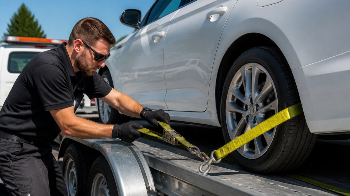 Professional technician securing wheel straps to vehicle on car hauler trailer, showing proper strap tension and attachment points on a sunny day