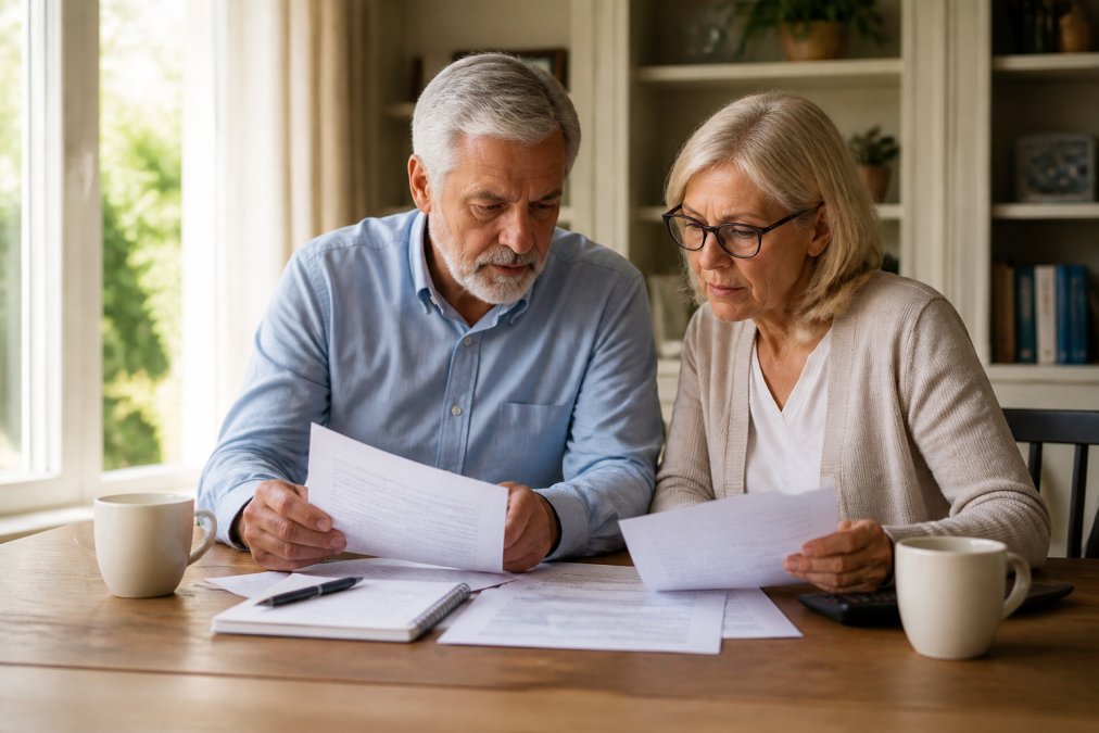 Mature couple reviewing financial documents and retirement statements at a home office desk with a laptop and coffee, natural morning light streaming through windows