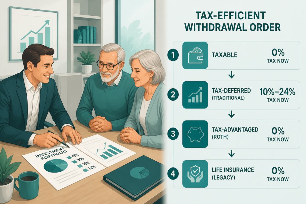 Financial advisor in professional office meeting with a retiring couple, pointing to documents on a table with investment portfolio information, warm office lighting