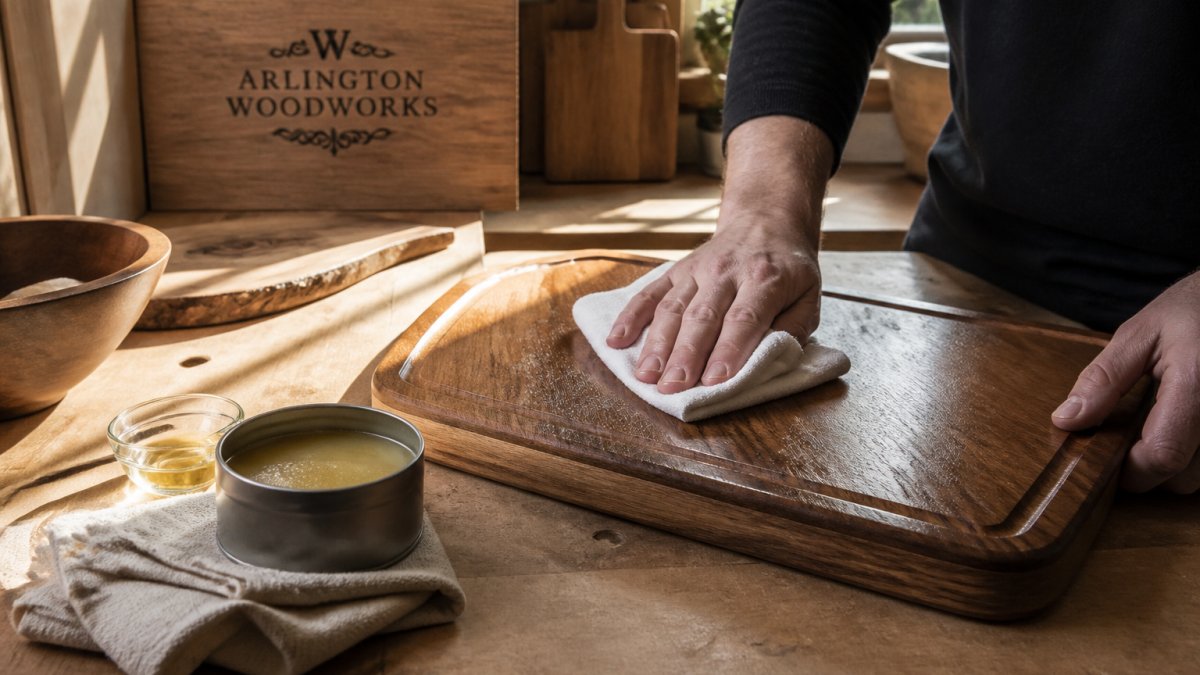 Hands using a soft cloth to apply organic oil to a wooden cutting board in a sunlit kitchen