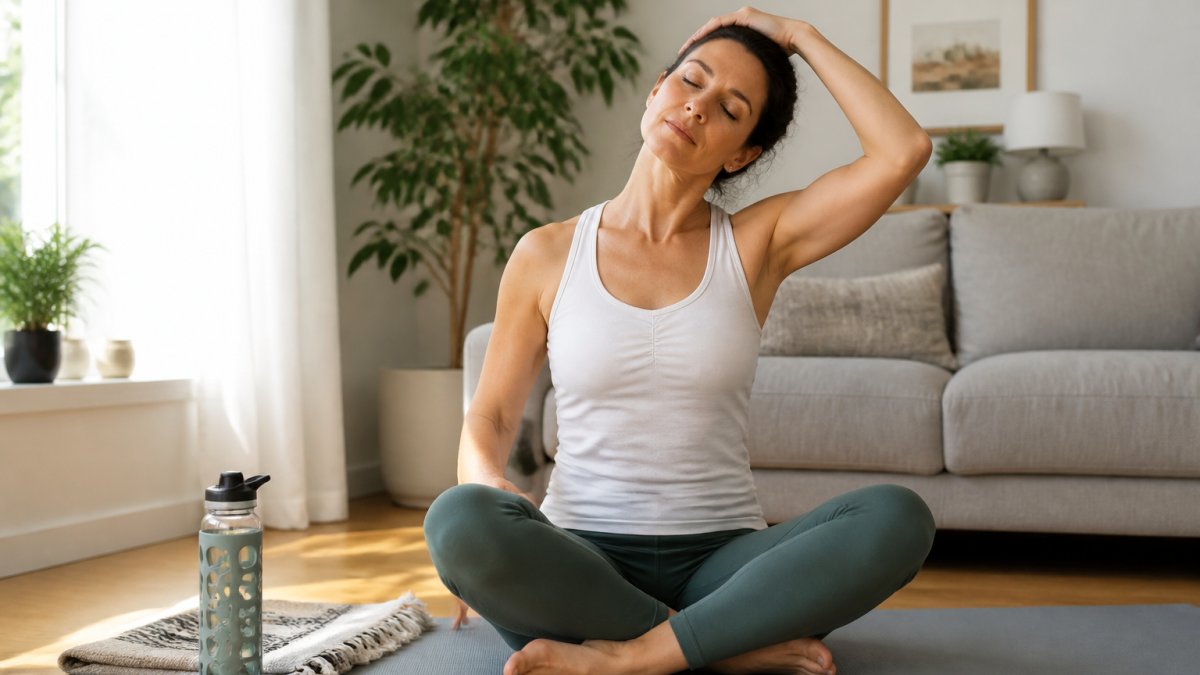 A woman in comfortable athletic clothing practicing a gentle seated neck stretch on a yoga mat in a bright, calm living room, with a water bottle and folded blanket nearby