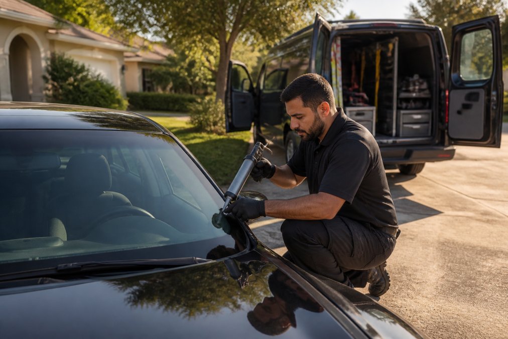 A mobile auto glass technician in work clothes kneeling beside a sedan in a residential driveway, applying sealant to a new windshield while a branded service van with open rear doors sits in the background under bright afternoon sunlight