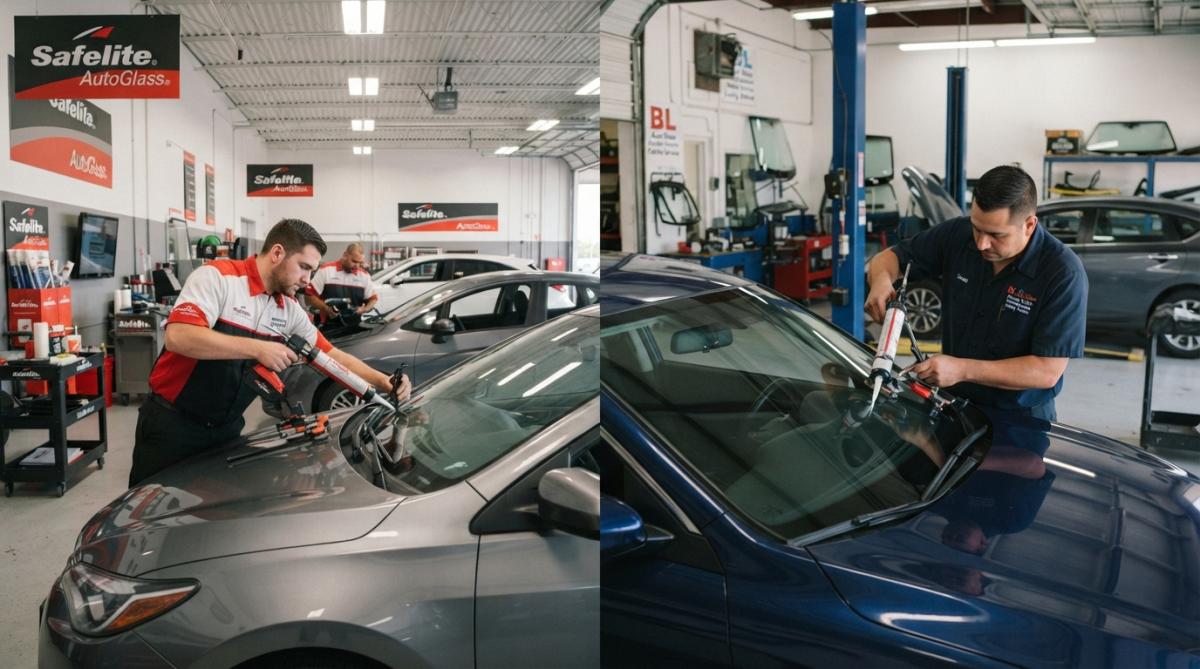 A technician in a clean uniform carefully installing a windshield on a modern sedan in a well-lit service bay, using precision tools and paying close attention to the sealant application