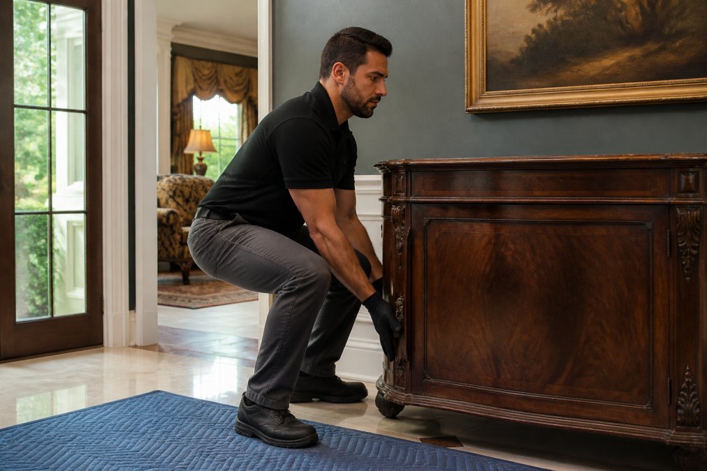 Professional demonstrating proper lifting form with bent knees and straight back while gripping antique furniture handles, showing correct body positioning for safely removing heavy antique items