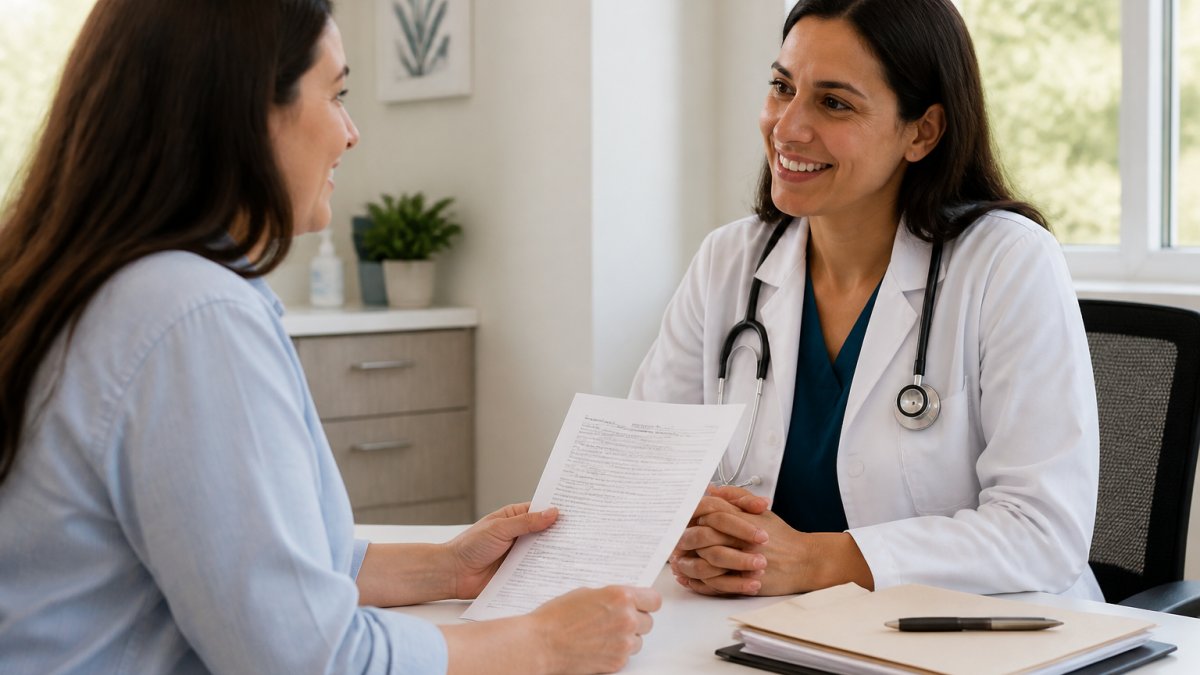 Patient meeting with healthcare provider in bright modern clinic, patient holding medical documents while discussing treatment history with clinician at desk
