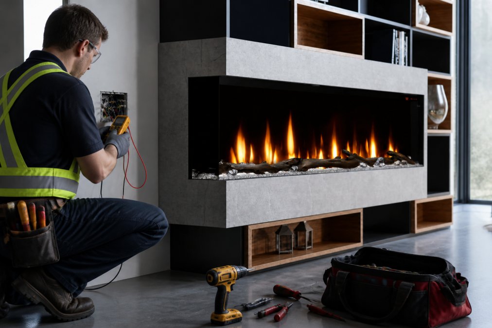 Licensed electrician in safety vest inspecting electrical wiring and circuit connections during electric fireplace installation, checking outlet capacity and grounding with multimeter, professional workspace with tools visible