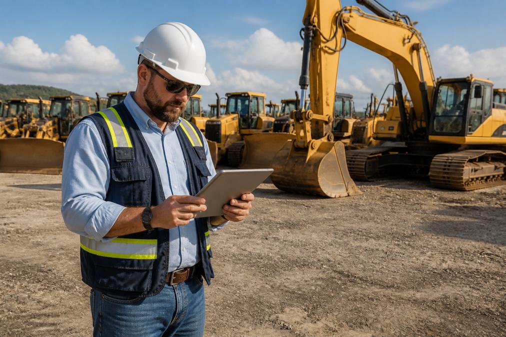 Professional equipment broker reviewing transaction documents on tablet beside parked excavators and dozers at secure logistics yard with natural daylight