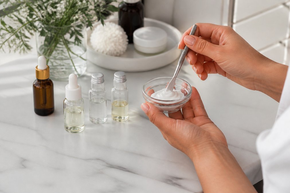 Close-up of a woman's hands holding a small bowl of white cream with a spatula, surrounded by small bottles of clear liquids on a clean bathroom counter, natural light