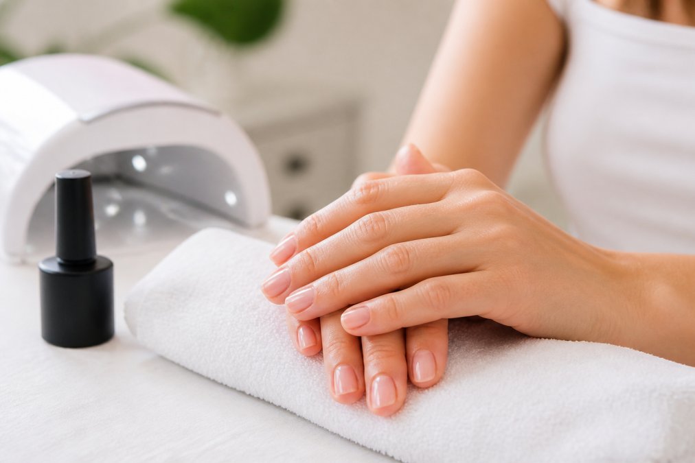 Woman with short natural nail extensions resting hands on a towel near HEMA-free nail extension brands products