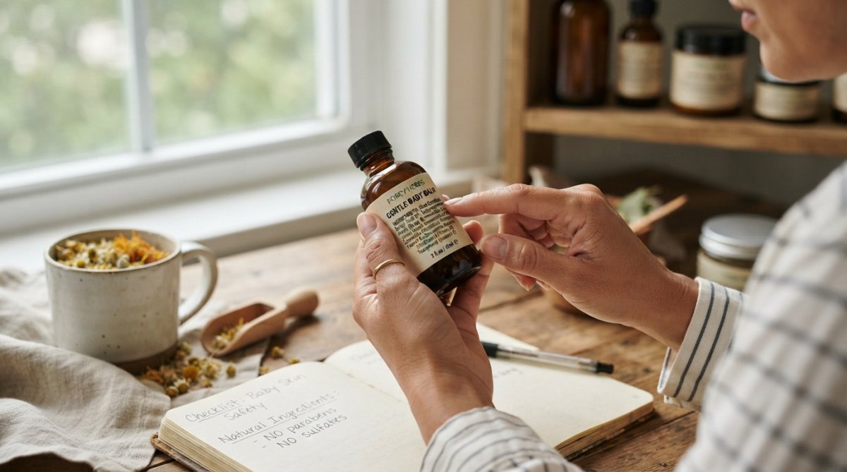 Parent holding a baby skincare bottle and carefully reading the ingredient label in natural daylight