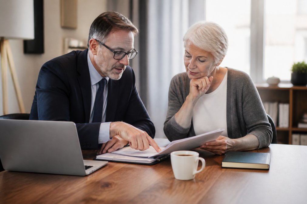 Financial advisor reviewing the safest retirement investments with a client in a modern sunlit office.