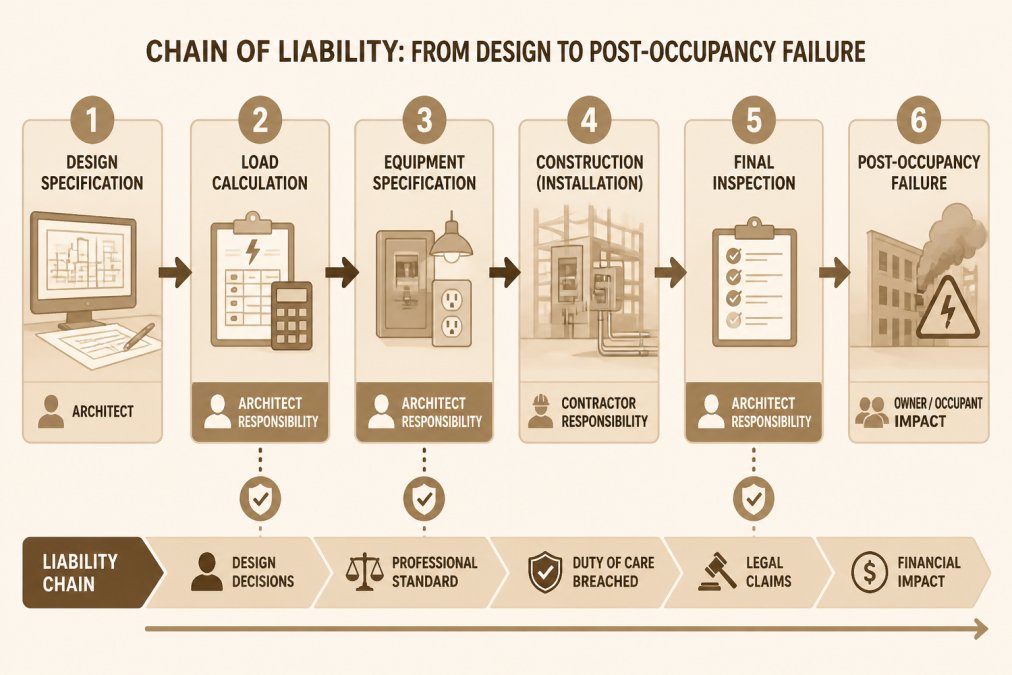 Flowchart showing chain of liability from design specification to construction to post-occupancy failure, highlighting architect responsibility points at load calculation, equipment specification, and final inspection