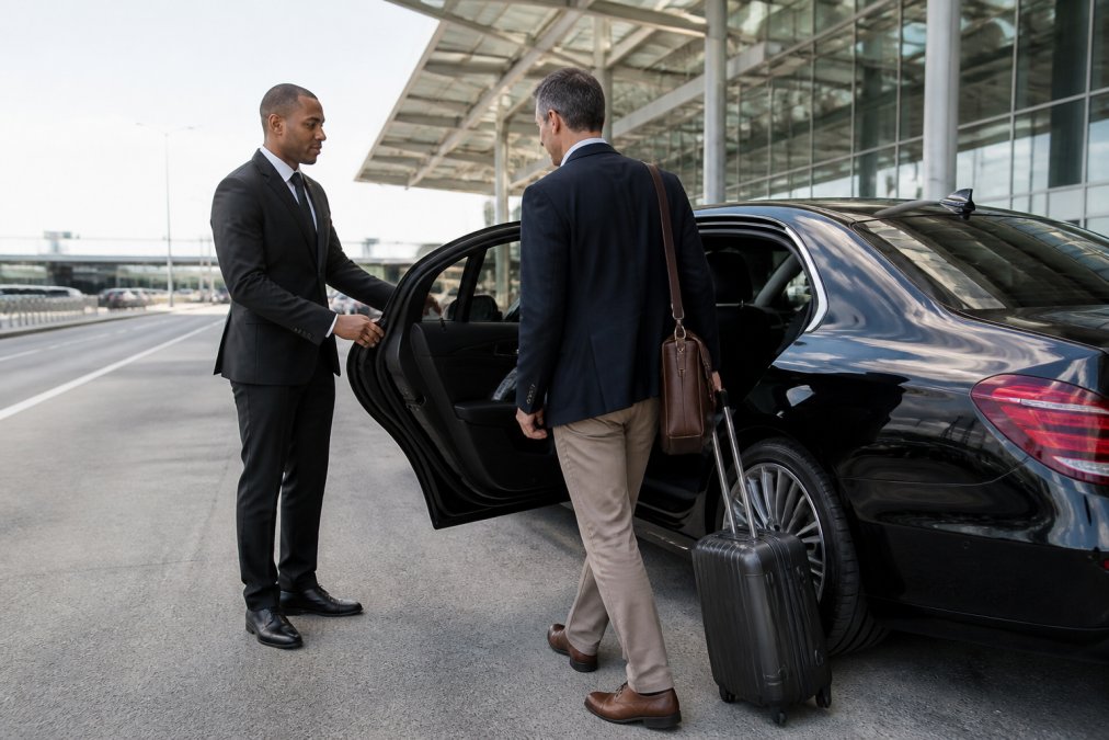 A professional chauffeur in a dark suit standing beside a black luxury sedan, holding the rear passenger door open for a business traveler outside an airport terminal