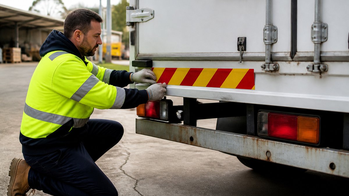 A fleet supervisor in high-visibility clothing crouching beside a white commercial truck, applying a reflective safety decal to the rear of the vehicle in an outdoor depot setting