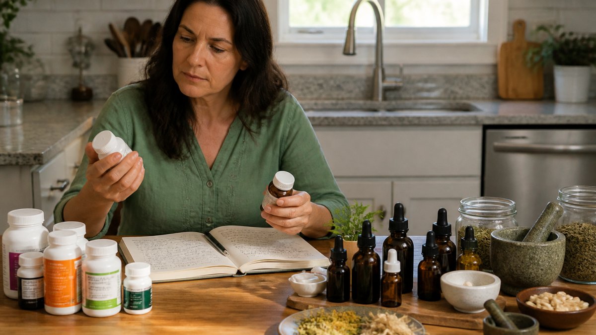 Person sitting at a kitchen table with a notebook, medication bottles, and herbal tinctures spread out, reviewing labels and notes with a thoughtful expression