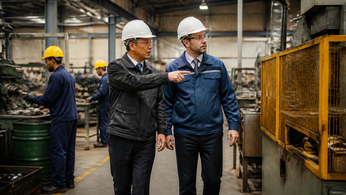 A safety consultant in a hard hat and safety glasses walking a small factory floor with a plant manager, pointing at a machine guard while workers operate equipment in the background