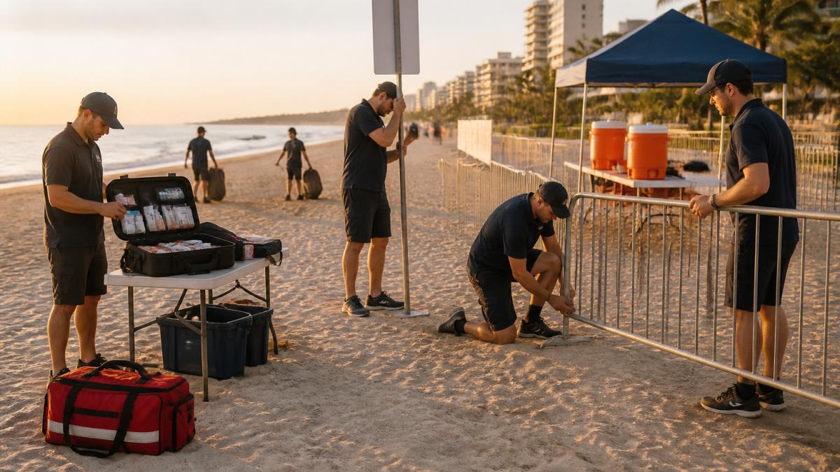 Event crew setting up safety signage, first aid station, and hydration tents on a sandy beach at golden hour.