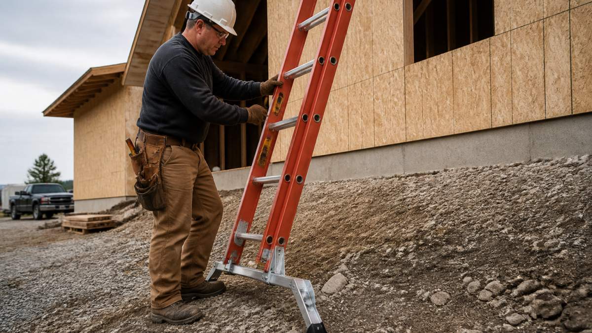 A contractor in work clothes setting up a fiberglass extension ladder with wide stabilizer feet on a sloped, uneven gravel job site, checking the side-mounted bubble level before climbing