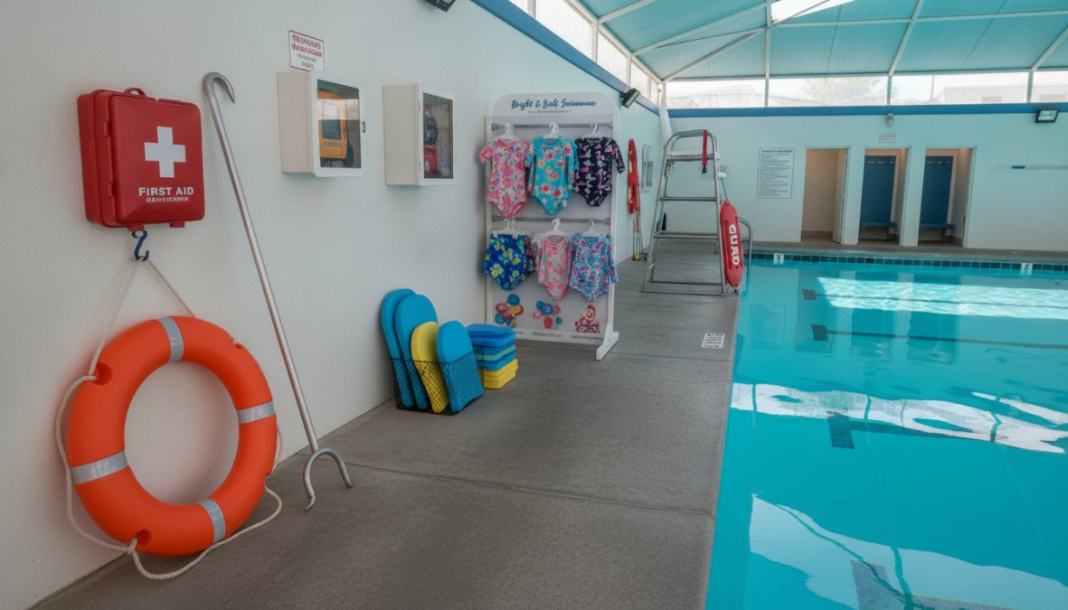 Close-up of rescue equipment arranged poolside including ring buoy, rescue tube, reach pole, and shepherd's hook displayed on deck near water
