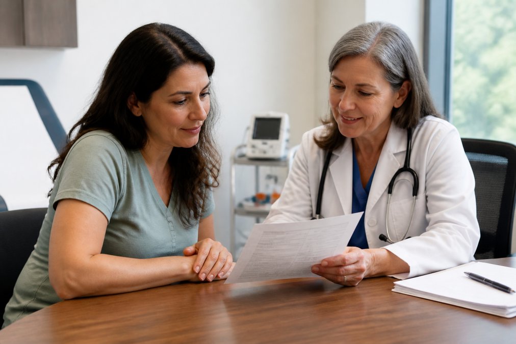 A patient sitting across from a physician in a clean, well-lit medical office, reviewing printed information together, both looking engaged and calm, with a desk and medical equipment visible in the background