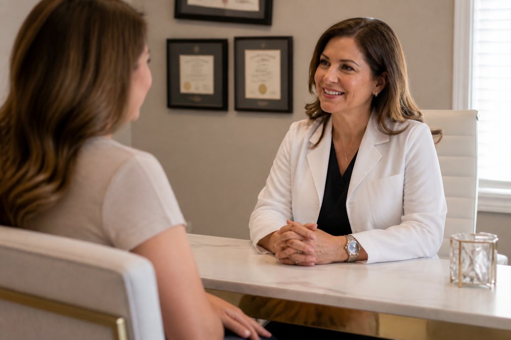 A board-certified physician in a white coat seated across from a patient in a bright, modern clinical consultation room, both engaged in conversation, with a clean desk and diplomas visible on the wall behind the physician