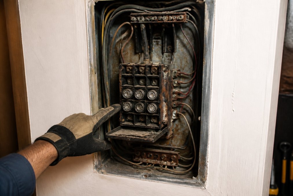 Close-up of an electrician's gloved hand pointing at an outdated residential electrical panel with visible rust, tangled wires, and a pull-out fuse block, indicating code violations