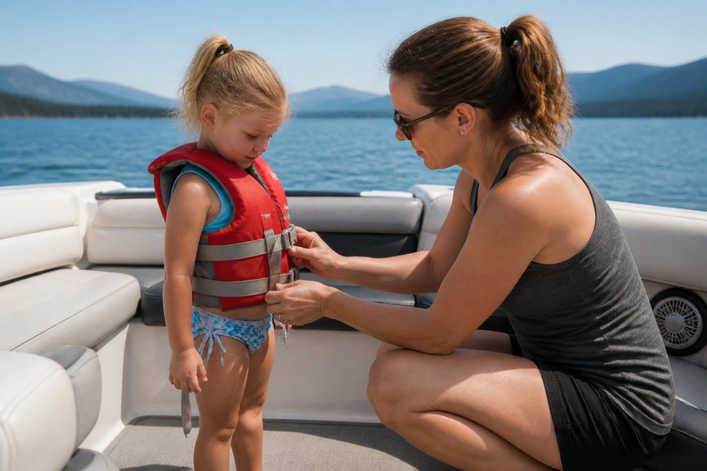A young child wearing a snug Coast Guard-approved life jacket standing on the deck of a boat, a parent kneeling beside them tightening the side straps, bright morning light on the water behind them