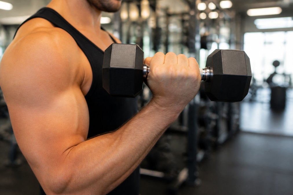 Close-up of a lifter's hands holding a dumbbell in a neutral wrist position during a curl, knuckles aligned with the forearm, bright gym lighting and blurred background