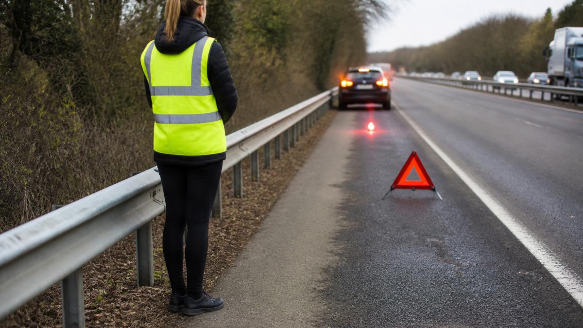 Safety Tips for Stranded Motorists: A How-To Guide Motorist wearing a high-visibility reflective vest standing safely behind a crash barrier on the hard shoulder, with hazard lights visible on their vehicle in the background and warning equipment deployed on the road ahead