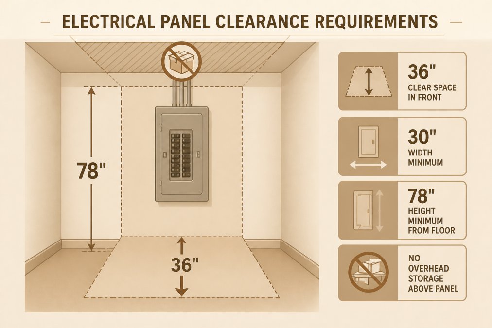 Diagram showing electrical panel clearance dimensions with measurements: 36 inches clear space in front, 30 inches width minimum, 78 inches height minimum from floor, no overhead storage above panel