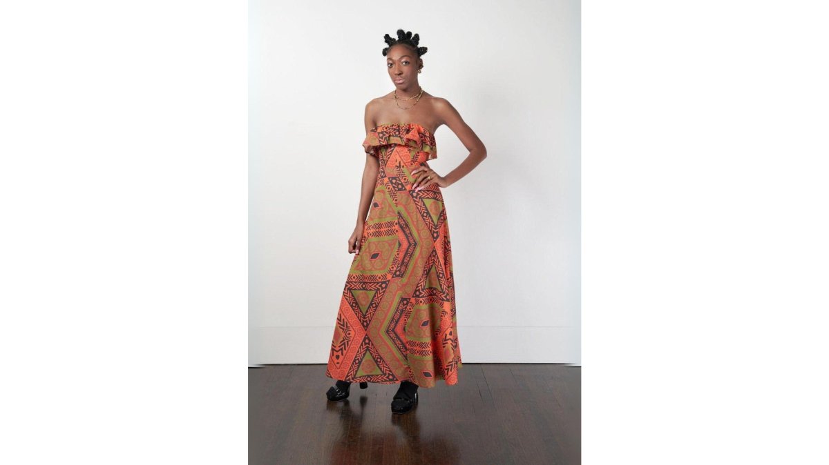 Sage Green & Orange Cotton Maxi Dress with Ruffles