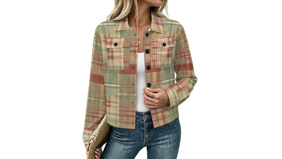 Sage Green Tartan Short-Sleeve Button-Down Shacket
