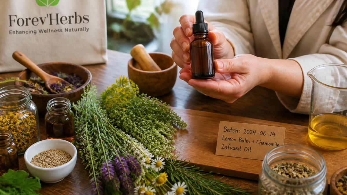 Hands holding an amber serum bottle with fresh botanicals and a handwritten batch label on a wooden counter
