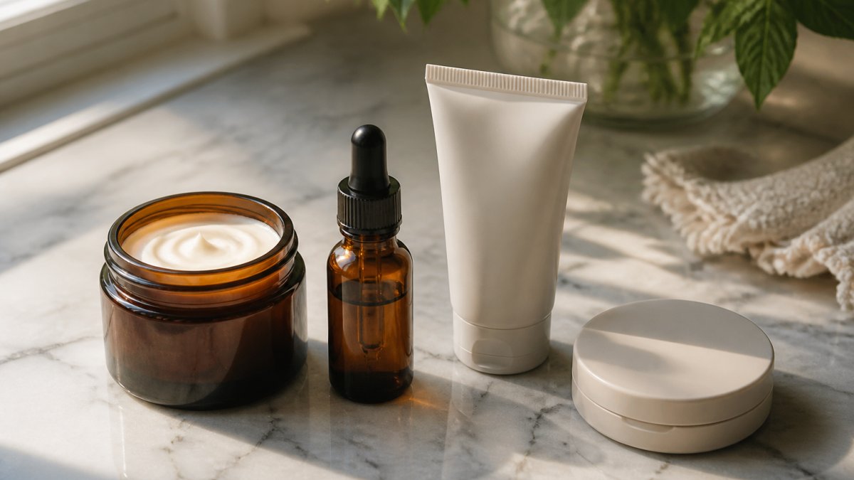Flat lay of four skincare products on a marble counter, including an amber glass jar of body butter, a small dropper bottle, a tube of cream, and a compact, in soft morning window light