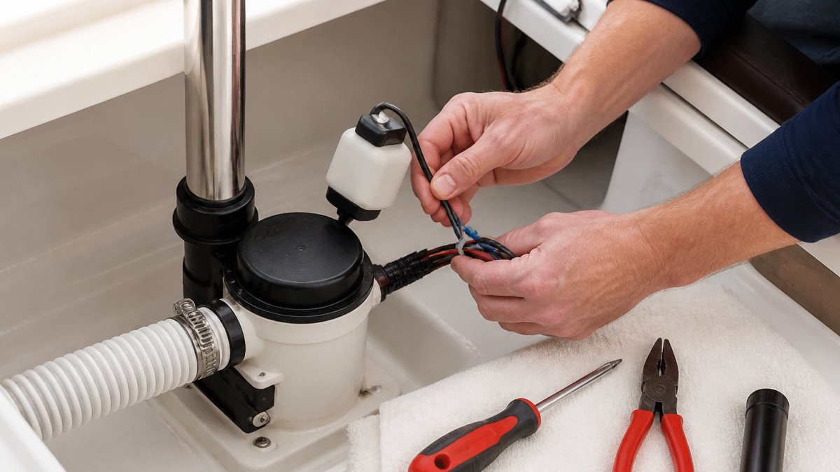 Close-up of hands checking bilge pump float switch and wiring connections in boat bilge compartment, with stainless steel shaft and hose outlet visible