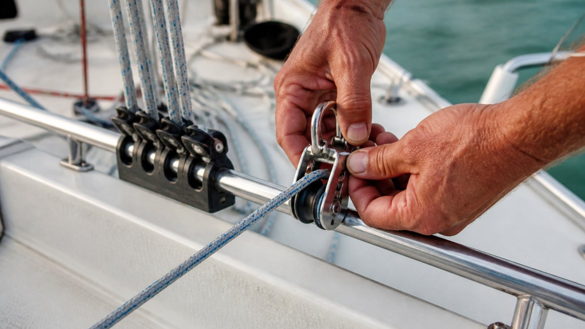 Sailor attaching a stainless steel snatch block to a sailboat deck toe rail with rigging lines nearby