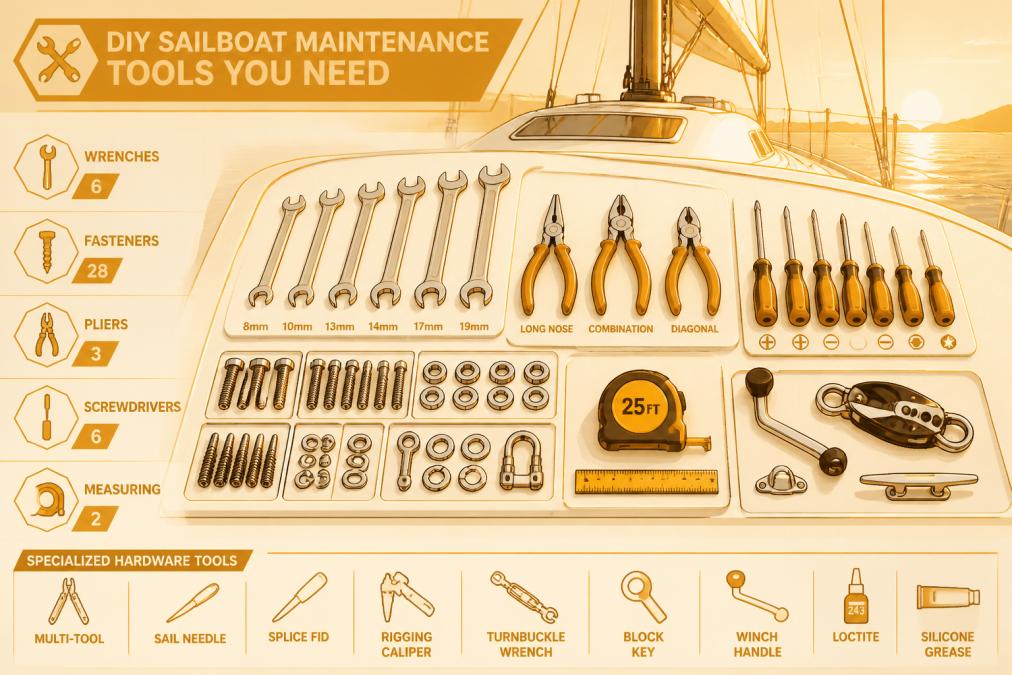 Organized tool kit laid out on a boat deck showing wrenches, fasteners, and specialized hardware tools with a sailboat mast visible in the background and morning sunlight