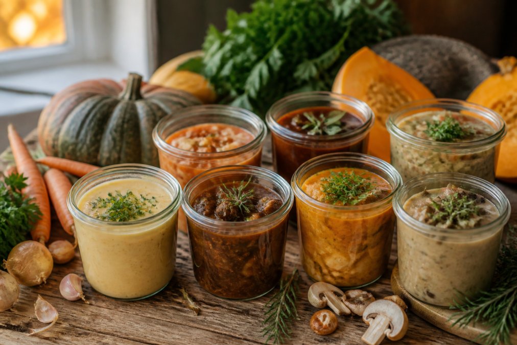 Mehrere Weckgläser gefüllt mit bunten saisonalen Eintöpfen und Suppen auf einem rustikalen Holztisch, umgeben von frischem regionalem Gemüse wie Kürbis, Möhren und Kräutern im warmen Herbstlicht